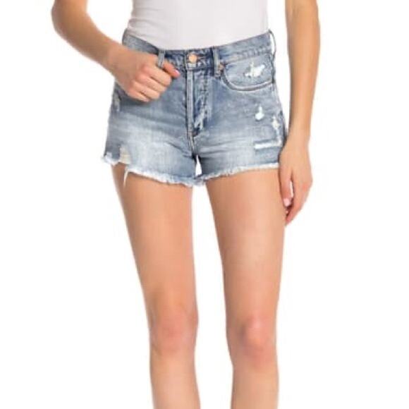 Blank NYC Raw Hem Distressed Jean Shorts Medium Wash Button Fly Sz 2 - Picture 1 of 6